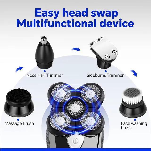 Alt view image 7 of 7 - Bald Head Shaver,Electric Head Shavers for Bald Men, 5-in-1 Head and Face Grooming Kit, Waterproof Cordless Rotary Razor and USB Rechargeable,Gifts for Men