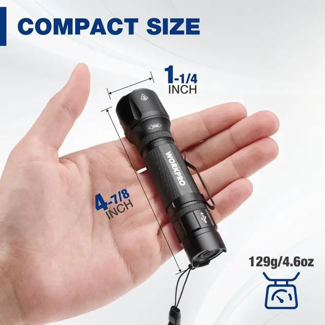 Alt view image 7 of 7 - 1200LM Rechargeable Tactical Flashlight, EDC Mini Flashlight, Pocket Flashlight with Clip & Lanyard, 7 Light Modes, Zoomable Adjustable Focus, Includes Lithium Battery & Alkaline Battery