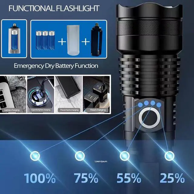 Alt view image 3 of 7 - Flashlight Rechargeable Zoomable Adjustable Brightness 10000 High Lumens 1200 Meters Long Beam Super Bright LED Flash Light with Power Display Waterproof for Camping,Christmas Gifts (2400mAh)
