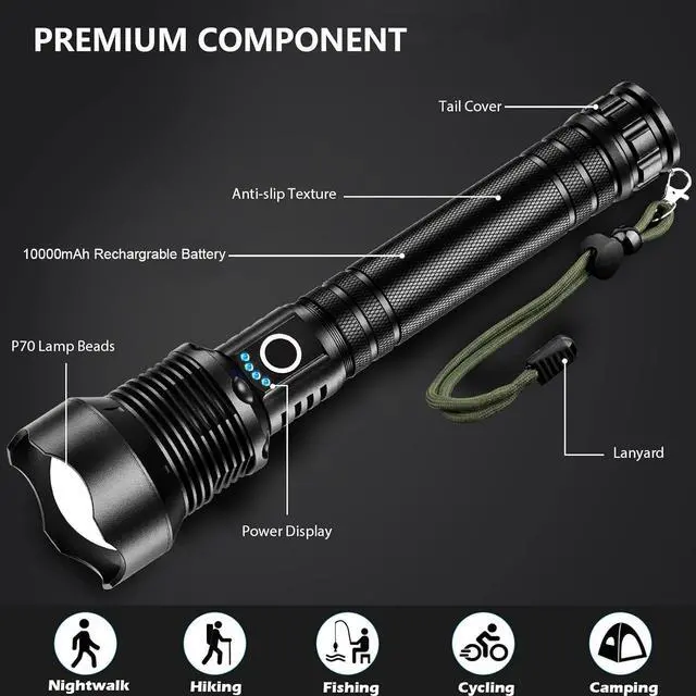 Alt view image 3 of 7 - Rechargeable LED Flashlights High Lumens, 9000 Lumens Super Bright Flashlight with 5 Modes & Waterproof, Powerful Handheld Flashlight for Camping Emergencies
