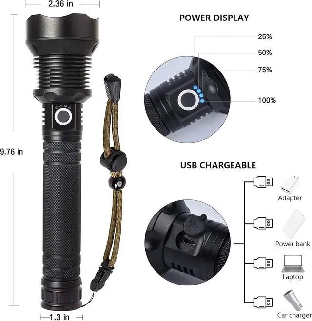Alt view image 5 of 7 - Rechargeable LED Flashlights High Lumens, 9000 Lumens Super Bright Flashlight with 5 Modes & Waterproof, Powerful Handheld Flashlight for Camping Emergencies