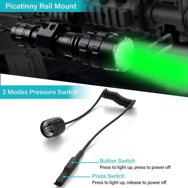 Alt view image 3 of 6 - Green Light Flashlight, Rechargeable LED Green Light Tactical Flashlight with Pressure Switch, 5 Modes & Zoomable Deer Hunting Light, IPX4 waterproof Hog Lights for Night Hunting Coyote Varmint