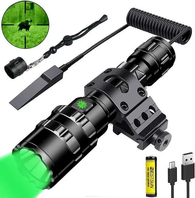 Main image of Green Light Flashlight, Rechargeable LED Green Light Tactical Flashlight with Pressure Switch, 5 Modes & Zoomable Deer Hunting Light, IPX4 waterproof Hog Lights for Night Hunting Coyote Varmint