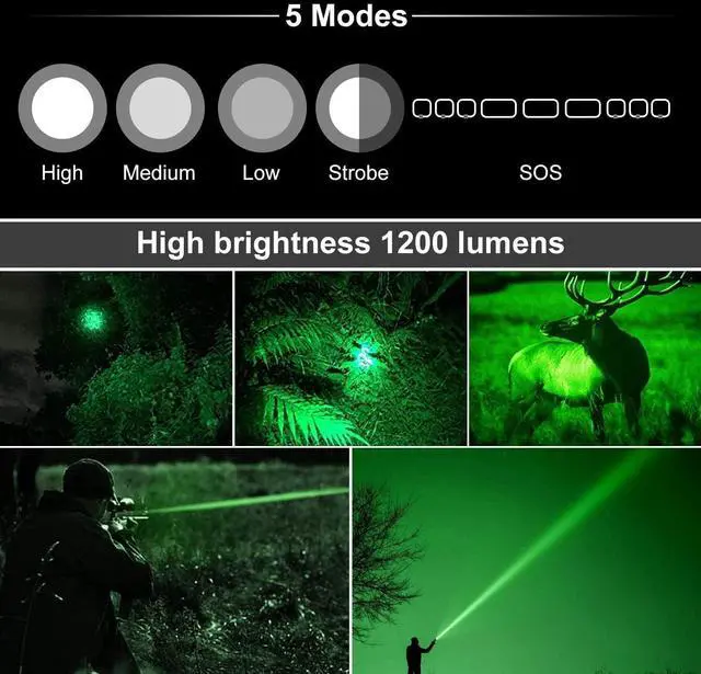 Alt view image 2 of 6 - Green Light Flashlight, Rechargeable LED Green Light Tactical Flashlight with Pressure Switch, 5 Modes & Zoomable Deer Hunting Light, IPX4 waterproof Hog Lights for Night Hunting Coyote Varmint