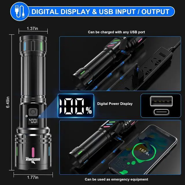 Alt view image 3 of 7 - Flashlights High Lumens Rechargeable, 2000 Lumens XHM90.2 Super Bright Flash Light LCD Digital Display LED Flashlight, Handheld High Powered Waterproof Flashlight for Camping Emergencies