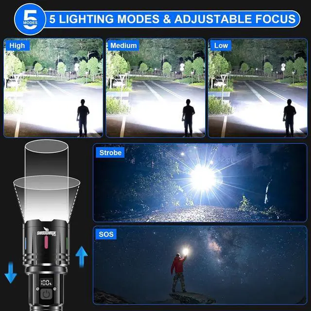 Alt view image 5 of 7 - Flashlights High Lumens Rechargeable, 2000 Lumens XHM90.2 Super Bright Flash Light LCD Digital Display LED Flashlight, Handheld High Powered Waterproof Flashlight for Camping Emergencies
