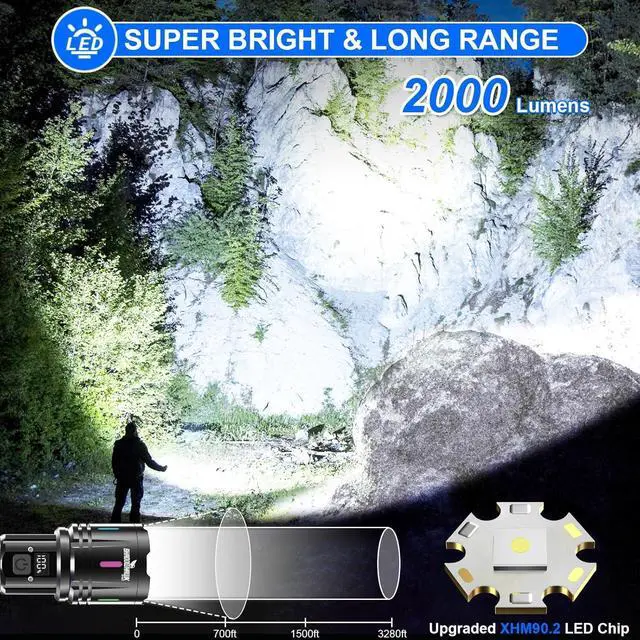 Alt view image 2 of 7 - Flashlights High Lumens Rechargeable, 2000 Lumens XHM90.2 Super Bright Flash Light LCD Digital Display LED Flashlight, Handheld High Powered Waterproof Flashlight for Camping Emergencies