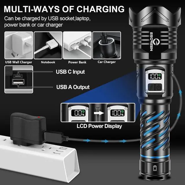 Alt view image 5 of 6 - Super Bright Rechargeable Flashlights High Brightness 3000 Lumens, Powerful Long Range LED Strong Big Flash Lights, Long Lasting USB C, LCD Digital Display, 5 Modes, Double Switches