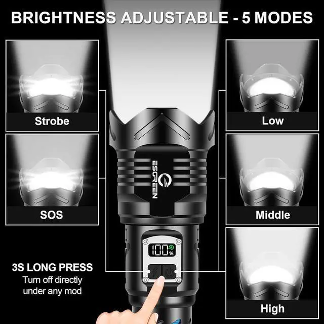 Alt view image 3 of 6 - Super Bright Rechargeable Flashlights High Brightness 3000 Lumens, Powerful Long Range LED Strong Big Flash Lights, Long Lasting USB C, LCD Digital Display, 5 Modes, Double Switches