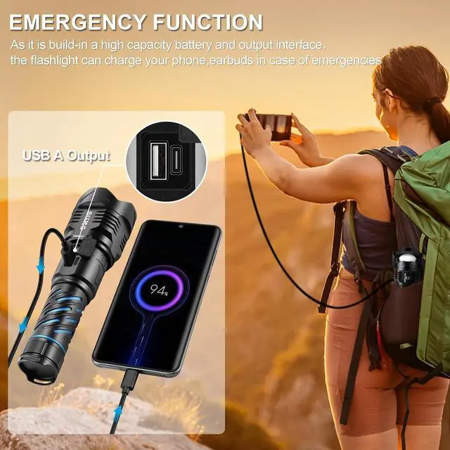 Alt view image 6 of 6 - Super Bright Rechargeable Flashlights High Brightness 3000 Lumens, Powerful Long Range LED Strong Big Flash Lights, Long Lasting USB C, LCD Digital Display, 5 Modes, Double Switches