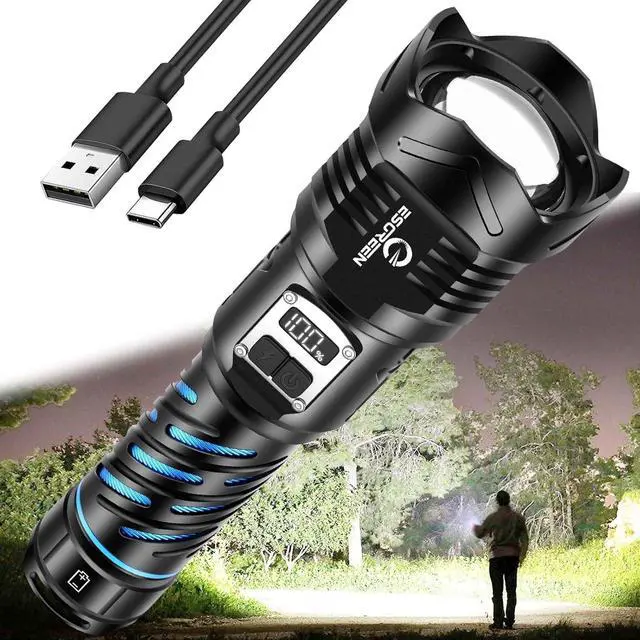 Main image of Super Bright Rechargeable Flashlights High Brightness 3000 Lumens, Powerful Long Range LED Strong Big Flash Lights, Long Lasting USB C, LCD Digital Display, 5 Modes, Double Switches