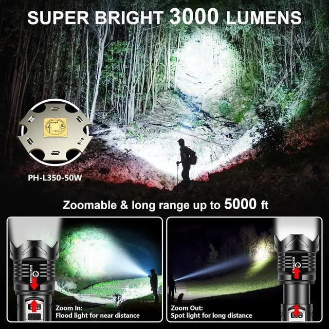 Alt view image 2 of 6 - Super Bright Rechargeable Flashlights High Brightness 3000 Lumens, Powerful Long Range LED Strong Big Flash Lights, Long Lasting USB C, LCD Digital Display, 5 Modes, Double Switches
