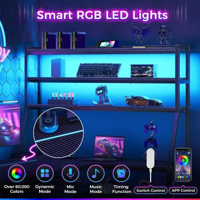 Alt view image 4 of 7 - 61" L Shaped Gaming Desk with Keyboard Tray, Reversible Home Office Computer Desk with LED Light & Power Outlet, Corner Gamer Desk with Storage Shelf Hooks ,Carbon Fiber Black