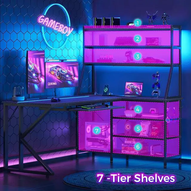 Alt view image 5 of 7 - 61" L Shaped Gaming Desk with Keyboard Tray, Reversible Home Office Computer Desk with LED Light & Power Outlet, Corner Gamer Desk with Storage Shelf Hooks ,Carbon Fiber Black