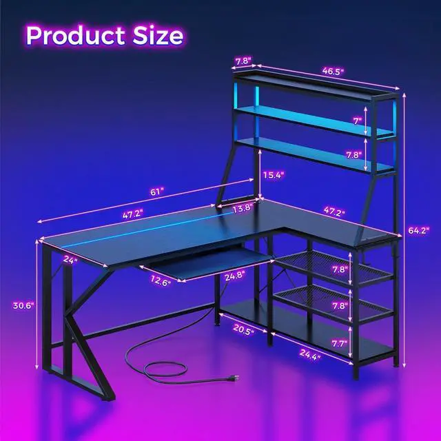 Alt view image 2 of 7 - 61" L Shaped Gaming Desk with Keyboard Tray, Reversible Home Office Computer Desk with LED Light & Power Outlet, Corner Gamer Desk with Storage Shelf Hooks ,Carbon Fiber Black