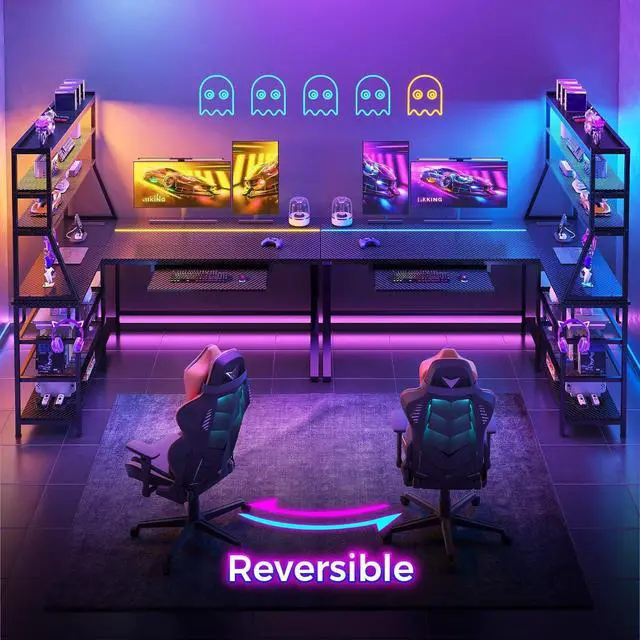 Alt view image 7 of 7 - 61" L Shaped Gaming Desk with Keyboard Tray, Reversible Home Office Computer Desk with LED Light & Power Outlet, Corner Gamer Desk with Storage Shelf Hooks ,Carbon Fiber Black