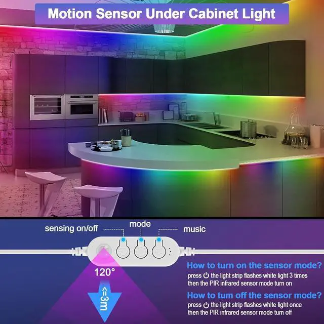 Alt view image 4 of 6 - Motion Activated Under Cabinet Lights, 4M Motion Sensor LED Strip Lights with Remote,Flexible Under Cabinet Strip Lights for Kitchen Cabinets, Cupboards, Closets, Stairs, Shelf, Desk, and Bed