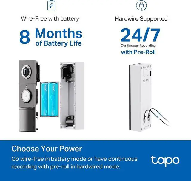 Alt view image 2 of 7 - Tapo by TP-Link Smart Video Doorbell Camera with Chime, Battery or Wired, 2K QHD Color Night Vison, No Monthly Fee, 180° Ultra-Wide Head-to-Toe View, Ring Call, Free AI Detection, Local Storage
