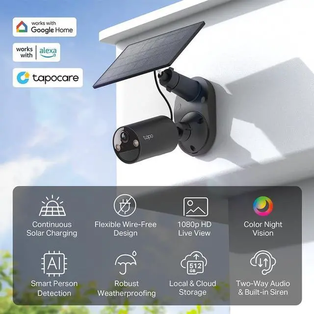 Alt view image 2 of 7 - TP-Link Tapo SolarCam C402 Kit, Outdoor Battery Camera w/Solar Panel Base, Wireless, 1080P, Free Person/Vehicle Detection, SD/Cloud Storage, Color Night Vision, No Hub Needed, Works w/Alexa Black