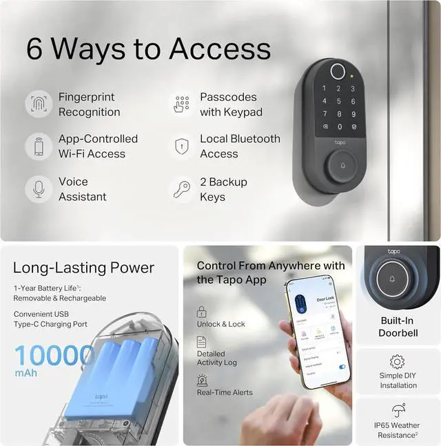 Alt view image 2 of 7 - TP-Link Tapo Smart Door Lock, Deadbolt | Keyless Entry, Fingerprint Recognition, Touchscreen Keypad & in-App Monitoring with Scheduled Access | 1-Year Rechargeable Battery | BHMA Grade 2