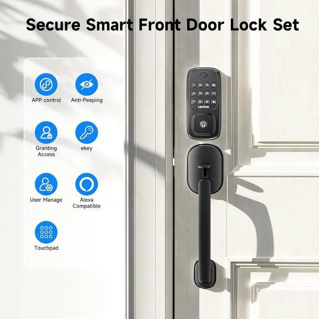 Alt view image 3 of 7 - Smart Door Lock with Handle, Keyless Entry Door Lock Deadbolt Handle Set, Built-in WiFi Deadbolt Smart Lock for Front, Fingerprint, Keypad Code, App Control, Voice Control