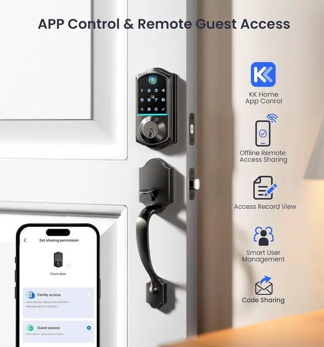 Alt view image 2 of 6 - VE017-H Fingerprint Smart Front Door Lock Set, App Control, Keyless Entry Deadbolt with Handle, Smart Deadbolt, Emergency Power Port, Touchscreen Keypad, Auto Lock, Easy Install, Matte Black