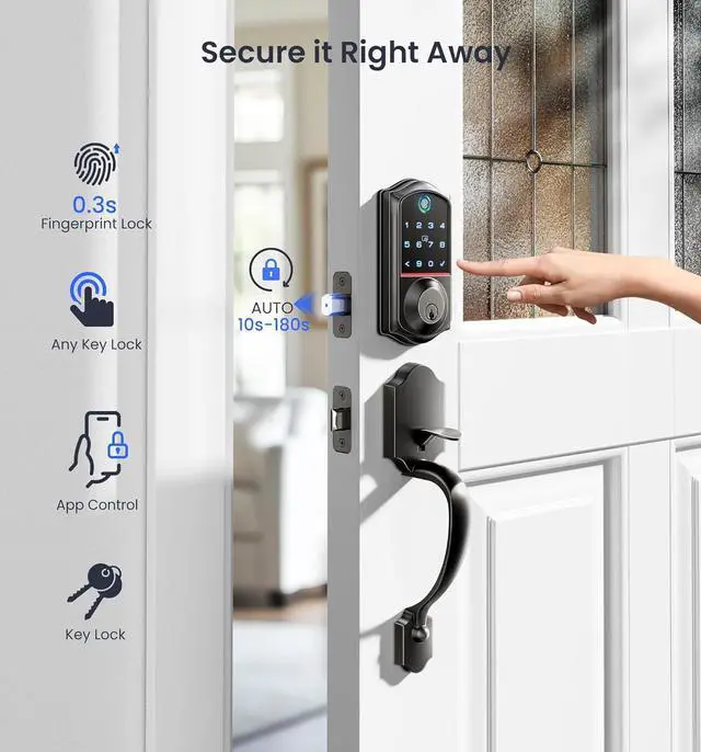 Alt view image 4 of 6 - VE017-H Fingerprint Smart Front Door Lock Set, App Control, Keyless Entry Deadbolt with Handle, Smart Deadbolt, Emergency Power Port, Touchscreen Keypad, Auto Lock, Easy Install, Matte Black