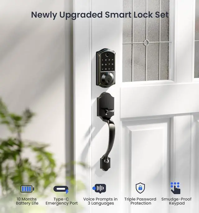 Alt view image 5 of 6 - VE017-H Fingerprint Smart Front Door Lock Set, App Control, Keyless Entry Deadbolt with Handle, Smart Deadbolt, Emergency Power Port, Touchscreen Keypad, Auto Lock, Easy Install, Matte Black