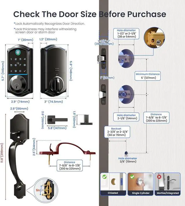Alt view image 6 of 6 - VE017-H Fingerprint Smart Front Door Lock Set, App Control, Keyless Entry Deadbolt with Handle, Smart Deadbolt, Emergency Power Port, Touchscreen Keypad, Auto Lock, Easy Install, Matte Black