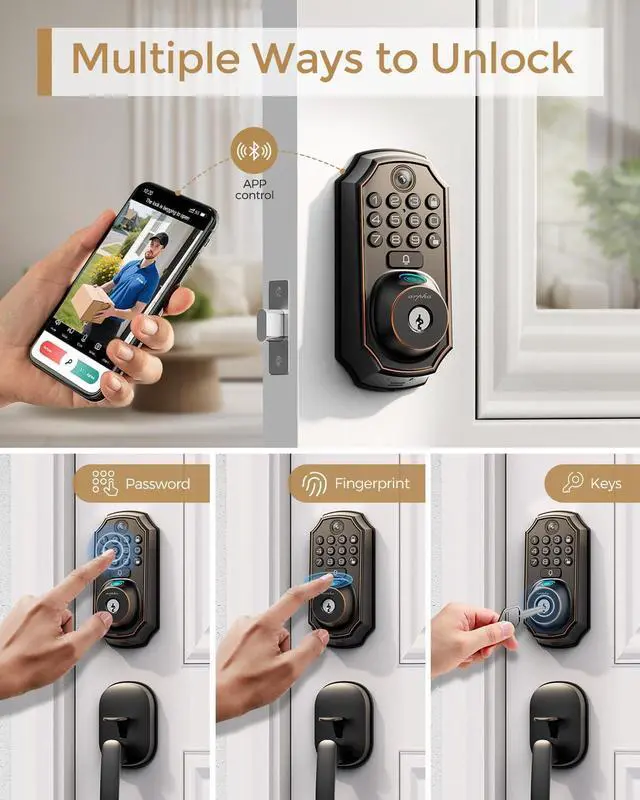 Alt view image 3 of 7 - Keyless Entry Deadbolt with Handle Set - WiFi Smart Lock with Camera, 5-in-1 Camera+Doorbell+Fingerprint+Keypad, App Control, Auto Lock, Easy Install, Waterproof for Front Door