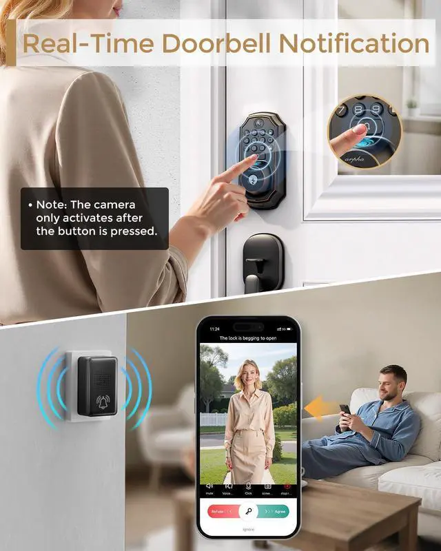 Alt view image 4 of 7 - Keyless Entry Deadbolt with Handle Set - WiFi Smart Lock with Camera, 5-in-1 Camera+Doorbell+Fingerprint+Keypad, App Control, Auto Lock, Easy Install, Waterproof for Front Door