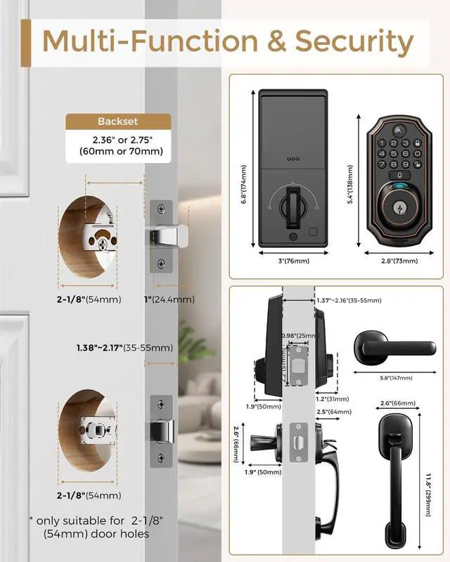 Alt view image 7 of 7 - Keyless Entry Deadbolt with Handle Set - WiFi Smart Lock with Camera, 5-in-1 Camera+Doorbell+Fingerprint+Keypad, App Control, Auto Lock, Easy Install, Waterproof for Front Door