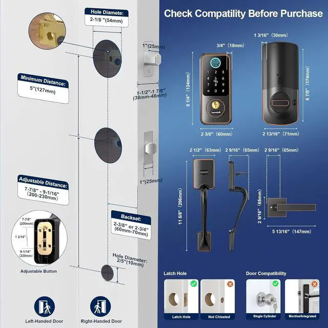 Alt view image 6 of 7 - Smart Lock Set with Keypad, Keyless Entry Deadbolt with Handle, Digital Bluetooth Door Lock for Front Door, Oil Rubbed Bronze