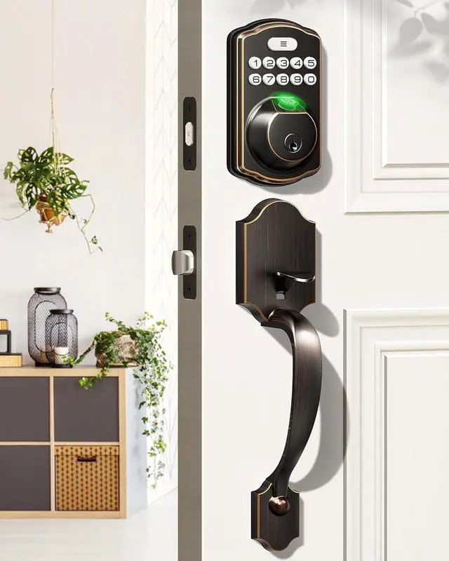 Main image of Fingerprint Door Lock Set, Keyless Entry Door Lock, Front Handle Set, Electronic Keypad Deadbolt with Lever Handle, 2 Keys, Auto-Locking, One-time Codes, Easy to Install, Oil Rubbed Bronze