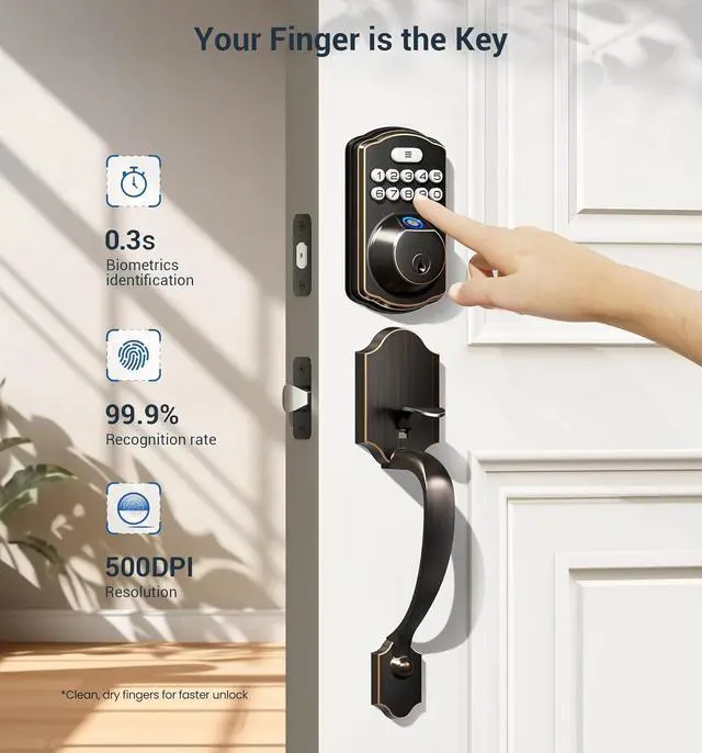 Alt view image 2 of 6 - Fingerprint Door Lock Set, Keyless Entry Door Lock, Front Handle Set, Electronic Keypad Deadbolt with Lever Handle, 2 Keys, Auto-Locking, One-time Codes, Easy to Install, Oil Rubbed Bronze