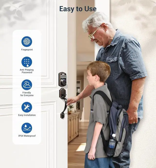 Alt view image 5 of 6 - Fingerprint Door Lock Set, Keyless Entry Door Lock, Front Handle Set, Electronic Keypad Deadbolt with Lever Handle, 2 Keys, Auto-Locking, One-time Codes, Easy to Install, Oil Rubbed Bronze
