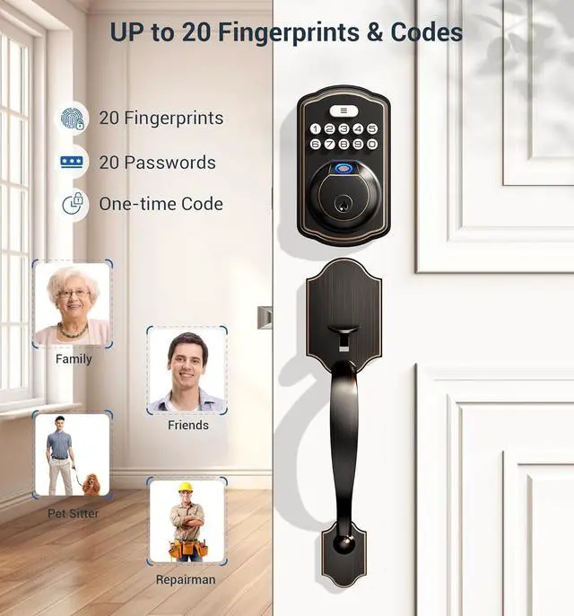 Alt view image 3 of 6 - Fingerprint Door Lock Set, Keyless Entry Door Lock, Front Handle Set, Electronic Keypad Deadbolt with Lever Handle, 2 Keys, Auto-Locking, One-time Codes, Easy to Install, Oil Rubbed Bronze