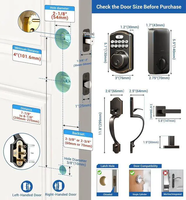 Alt view image 6 of 6 - Fingerprint Door Lock Set, Keyless Entry Door Lock, Front Handle Set, Electronic Keypad Deadbolt with Lever Handle, 2 Keys, Auto-Locking, One-time Codes, Easy to Install, Oil Rubbed Bronze