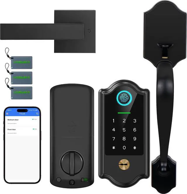 Main image of Smart Fingerprint Door Lock for Front Door  Keyless Entry Deadbolt with Handle Set, Digital Keypad, App Control, Auto Lock, Easy Install, Matte Black