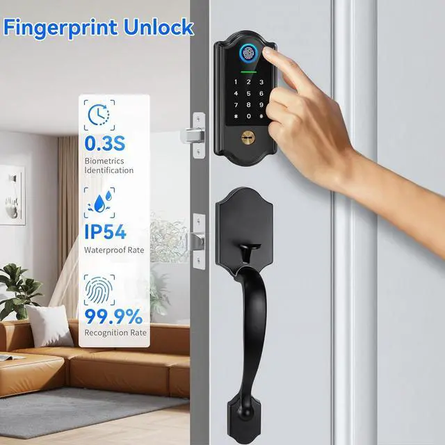 Alt view image 4 of 7 - Smart Fingerprint Door Lock for Front Door  Keyless Entry Deadbolt with Handle Set, Digital Keypad, App Control, Auto Lock, Easy Install, Matte Black