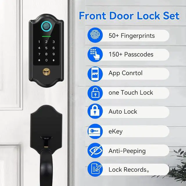 Alt view image 2 of 7 - Smart Fingerprint Door Lock for Front Door  Keyless Entry Deadbolt with Handle Set, Digital Keypad, App Control, Auto Lock, Easy Install, Matte Black