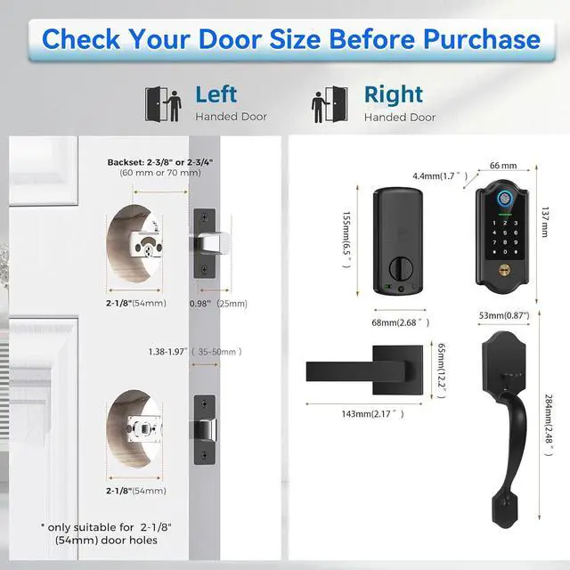 Alt view image 6 of 7 - Smart Fingerprint Door Lock for Front Door  Keyless Entry Deadbolt with Handle Set, Digital Keypad, App Control, Auto Lock, Easy Install, Matte Black