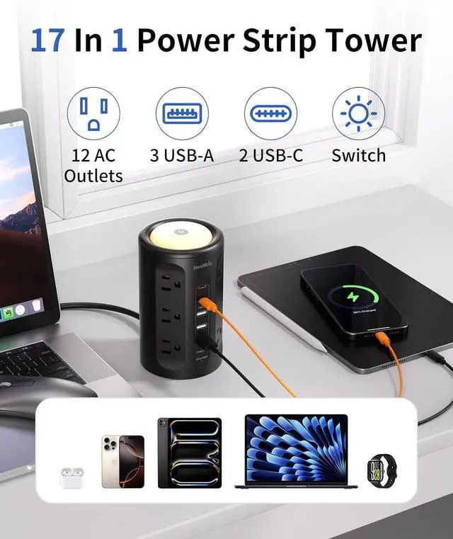 Alt view image 3 of 7 - Surge Protector Power Strip Tower with 5 USB Ports and Night Light,10FT Extension Cord with 12 AC Multiple Outlets (Black, 10FT)
