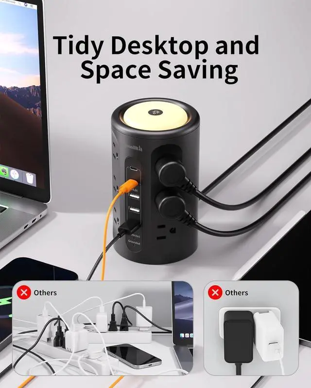 Alt view image 6 of 7 - Surge Protector Power Strip Tower with 5 USB Ports and Night Light,10FT Extension Cord with 12 AC Multiple Outlets (Black, 10FT)