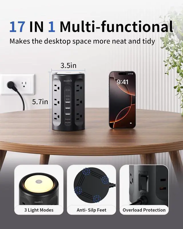 Alt view image 5 of 7 - Surge Protector Power Strip Tower with 5 USB Ports and Night Light,10FT Extension Cord with 12 AC Multiple Outlets (Black, 10FT)