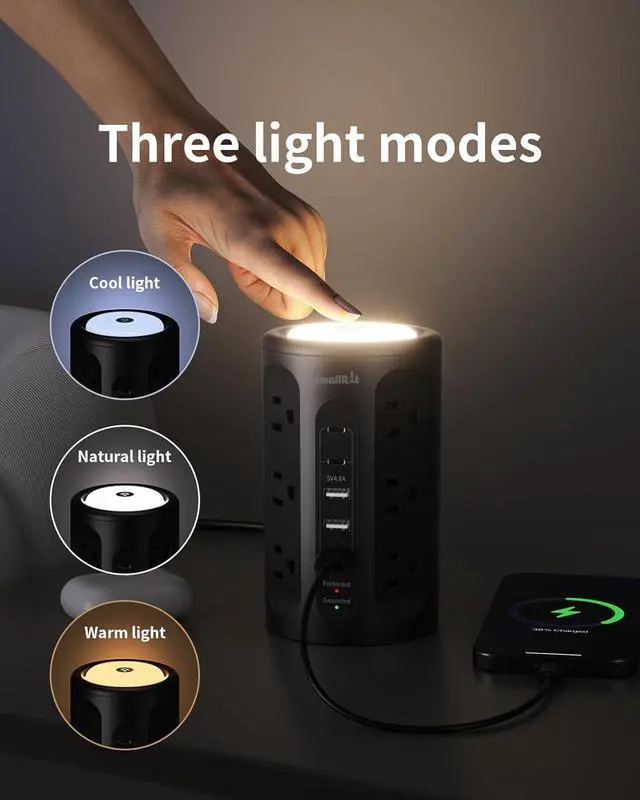 Alt view image 2 of 7 - Surge Protector Power Strip Tower with 5 USB Ports and Night Light,10FT Extension Cord with 12 AC Multiple Outlets (Black, 10FT)