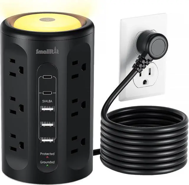 Main image of Surge Protector Power Strip Tower with 5 USB Ports and Night Light,10FT Extension Cord with 12 AC Multiple Outlets (Black, 10FT)