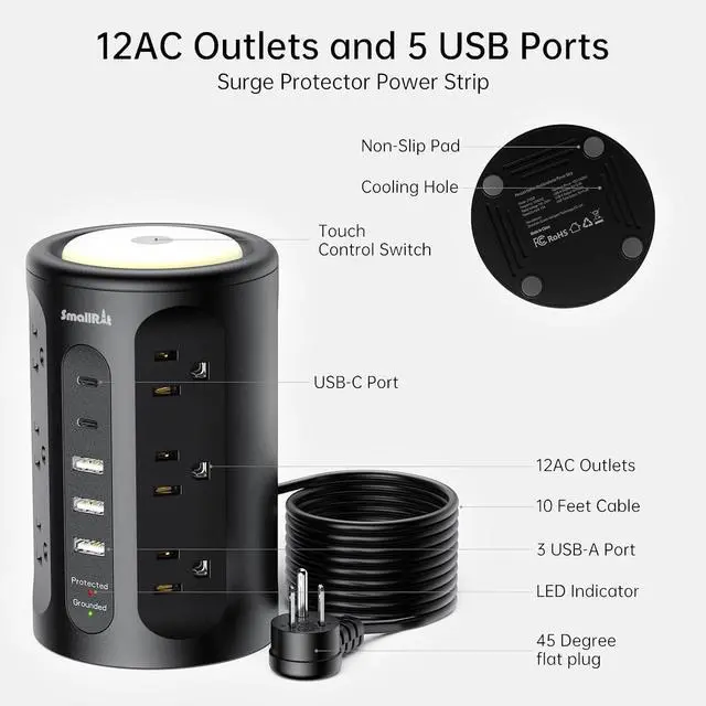 Alt view image 7 of 7 - Surge Protector Power Strip Tower with 5 USB Ports and Night Light,10FT Extension Cord with 12 AC Multiple Outlets (Black, 10FT)