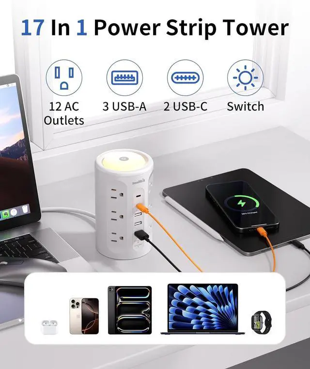 Alt view image 2 of 7 - Surge Protector Power Strip Tower with 5 USB Ports and Night Light,10FT Extension Cord with 12 AC Multiple Outlets (White, 10FT)