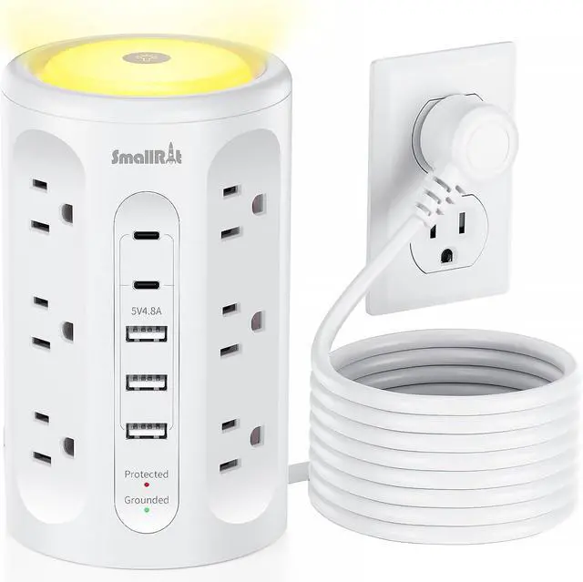 Main image of Surge Protector Power Strip Tower with 5 USB Ports and Night Light,10FT Extension Cord with 12 AC Multiple Outlets (White, 10FT)